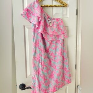 NWT Vineyard Vines Bougainvillea Crystal Blue One Shoulder Ruffle‎ Dress